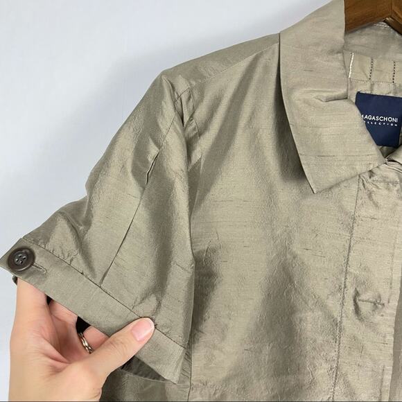 Magaschoni Collection | Taupe Brown Short Puff Sleeve Snap Button Cropped Jacket - Picture 3 of 9